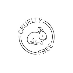 Cruelty free thin line icon. Not tested on animals outline logo sticker for animal friendly product packaging. Cute linear rabbit with text in circle. Vegan eco cosmetics. Simple lined badge