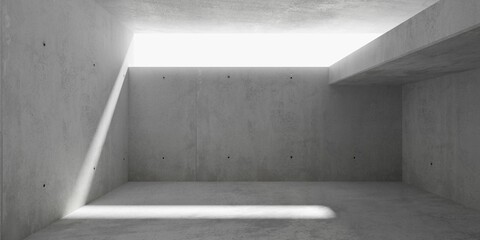 Abstract empty, modern concrete room with wide opening in the back top and rough floor - industrial interior background template - 766376464