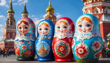 Fototapeta na wymiar Cute nesting dolls on the background of the Kremlin, Moscow.