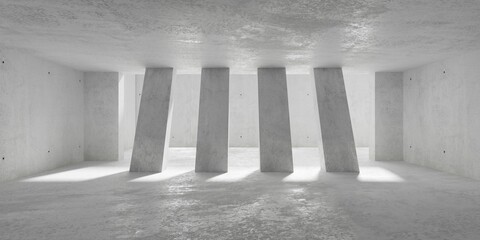 Abstract empty, modern concrete room with sloped piillar row, atrium with tree shadow and rough floor - industrial interior background template - obrazy, fototapety, plakaty