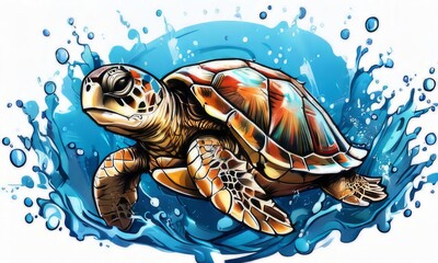 Turtle glides through its aquatic environment, showcasing beauty, tranquility of underwater world. For Tshirt design, posters, postcards, other merchandise with marine theme, childrens books, tourism.