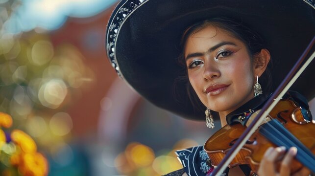 A woman wearing a sombrero and playing a violin. She has a serious expression on her face