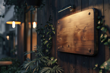 A wooden sign with a blank space on it is lit up by a light. The sign is placed on a wall next to a plant. Scene is calm and peaceful, with the sign
