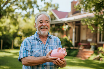 Naklejka na ściany i meble Happy senior homeowner with piggy bank outdoors on house background. Real estate purchase, home savings, mortgage loan market concept