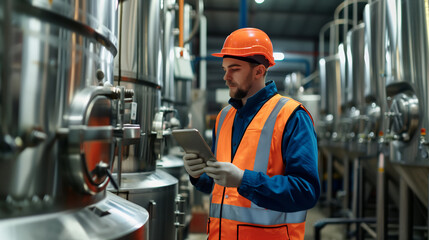 Industrial worker in orange hard hat and high visibility vest using a tablet for equipment inspection in a modern factory setting