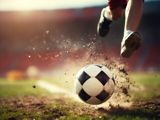 Intense soccer ball kick by player on green soccer field close-up shot