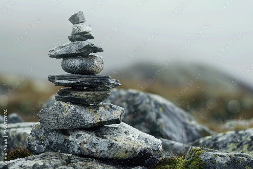Poster a stack of rocks on a mountain. the rocks are stacked in a pyramid shape. concept of stability and s