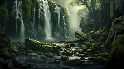 A hidden forest waterfall cascading down moss-covered rocks, surrounded by a lush green landscape.