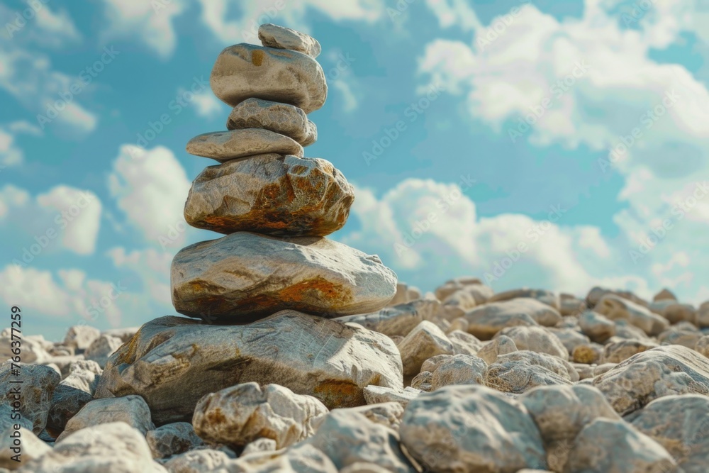 Poster a stack of rocks on a hillside with a clear blue sky in the background. the rocks are of different s
