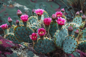 A group of pink flowers on a rock. The flowers are purple and have a lot of detail