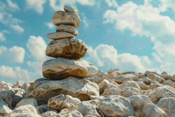 Fototapeta na wymiar A stack of rocks on a hillside with a clear blue sky in the background. The rocks are of different sizes and shapes, and they are arranged in a pyramid shape. Concept of stability and strength