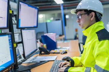 Inside the large Industry Factory Female Computer Engineer Works on Personal Computer She coding program for control machine,Thailand people work on fours monitors,Programmer working with serious