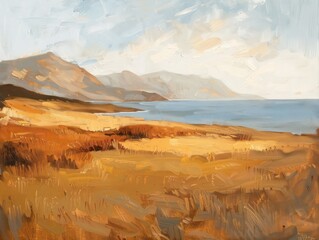 Vintage autumn coastal landscape oil painting featuring distant mountains, rendered in a palette of earthy rich tone