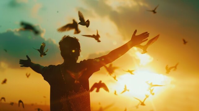 A man is standing in the middle of a field with a flock of birds flying around him. The birds are scattered in the sky, some flying close to the man and others flying higher up