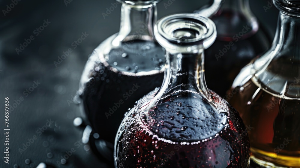 Poster four wine bottles with different colored liquids in them. the bottles are on a dark surface. the bot