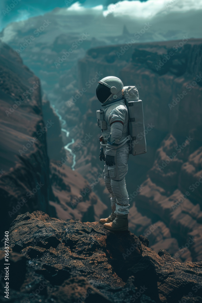 Poster a man in a spacesuit stands on a rocky mountain peak. the image is a surreal and imaginative depicti