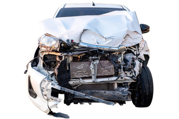 Car crash, Front view of white pickup car get hard damaged by accident on the road. damaged cars...