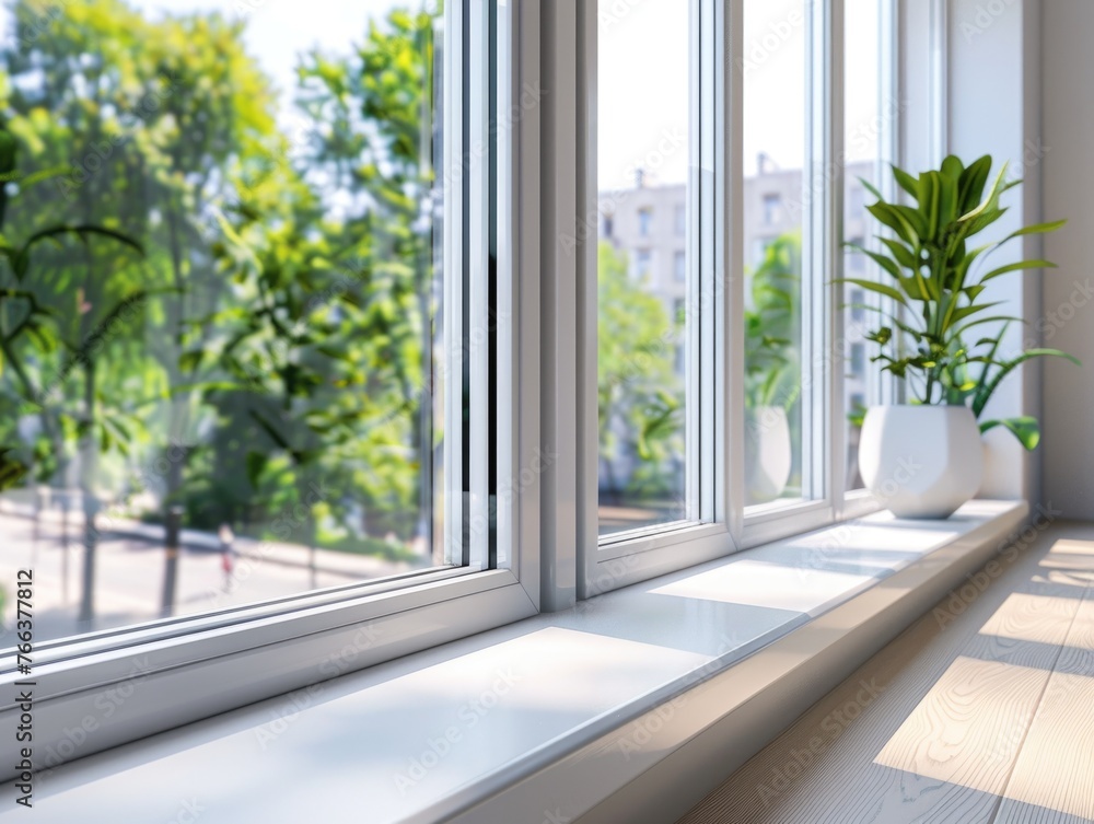 Poster a window with a potted plant in front of it. the window is open and the sunlight is shining through 