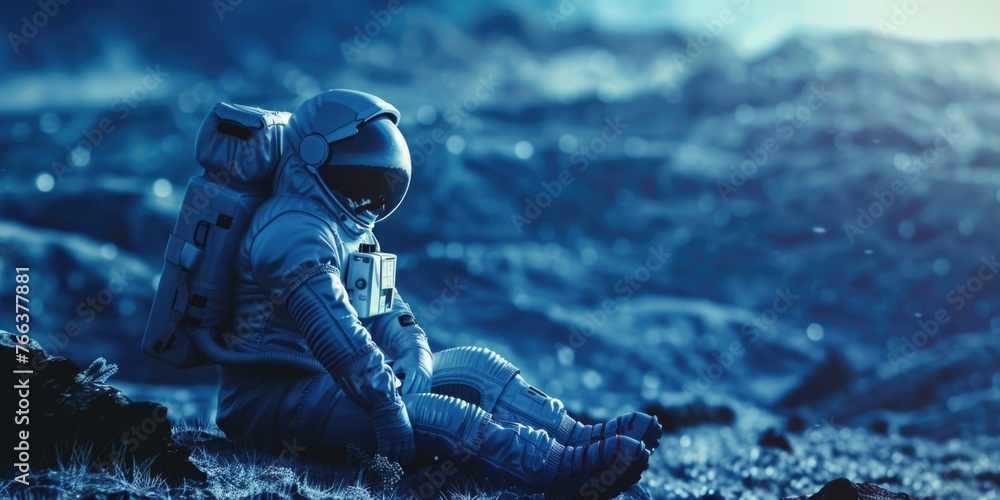 Poster a man in a spacesuit is sitting on a rocky surface. the image has a mood of loneliness and isolation