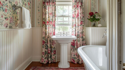 A cottage-style bathroom with beadboard wainscoting, a pedestal sink, and floral curtains
