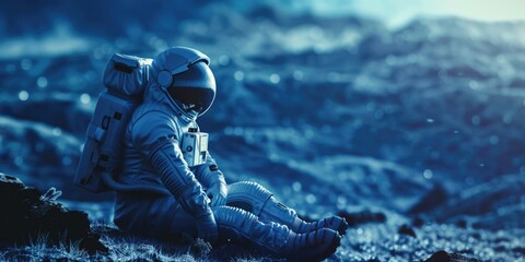 A man in a spacesuit is sitting on a rocky surface. The image has a mood of loneliness and isolation - obrazy, fototapety, plakaty