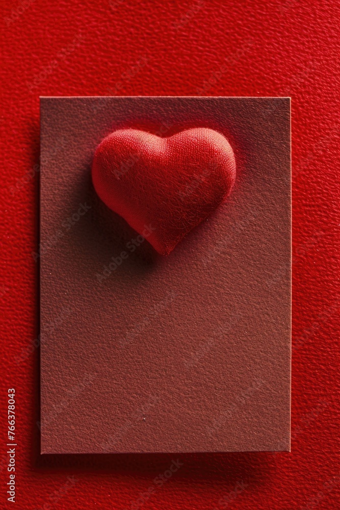 Poster a red heart is placed on a red background. the heart is made of a soft material and is positioned in