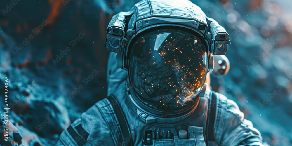 Poster a man in a space suit is standing on a rocky surface. the image has a futuristic and adventurous moo