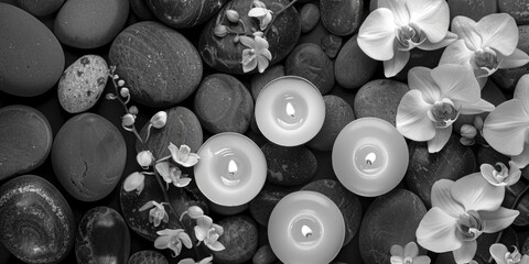 A black and white photo of three candles on a rock with flowers in the background. Scene is serene...