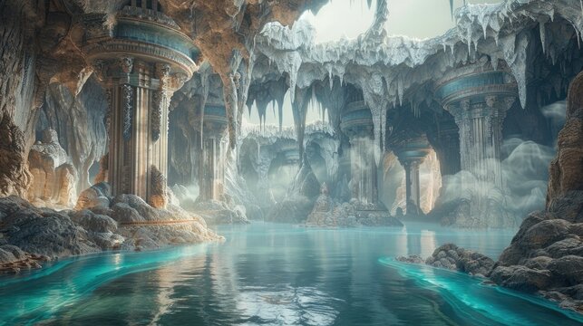Enchanting Underwater Ruins Amid Stalactite-Adorned Cavern Lagoon
