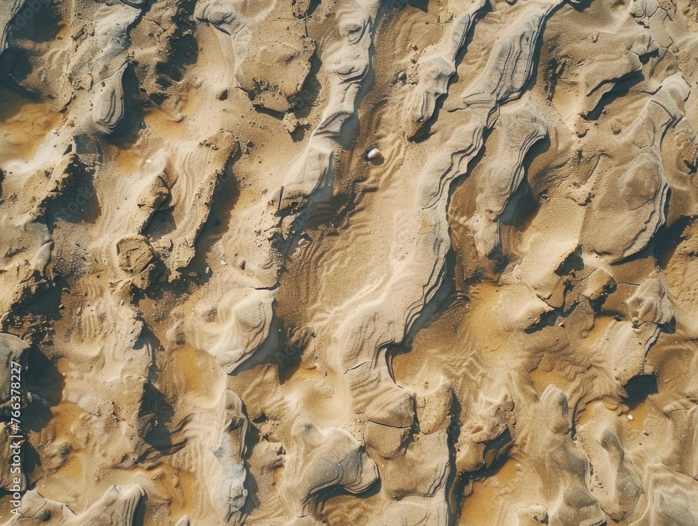 Poster the image is of a sandy beach with a lot of sand and rocks. the sand is scattered all over the beach
