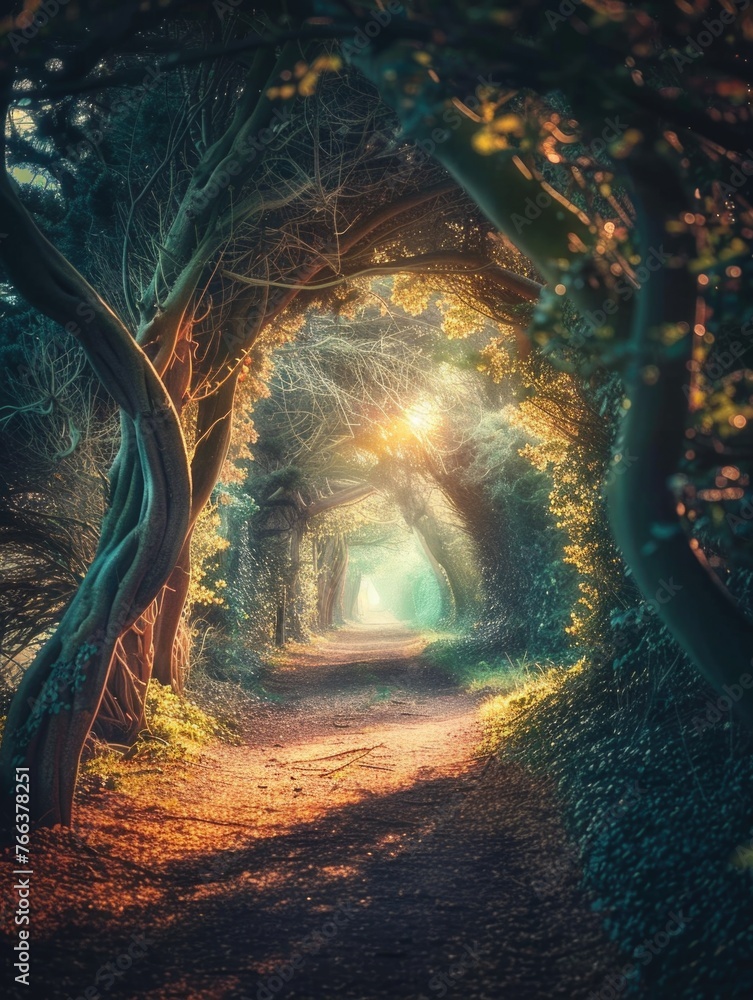 Poster a path through a forest with trees on either side