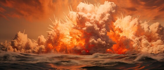Underwater explosion creating a spectacular burst of water and debris in the ocean