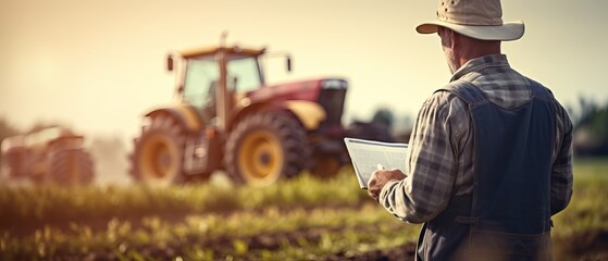 Modern farmer using tablet in field with blurred tractor and farm background