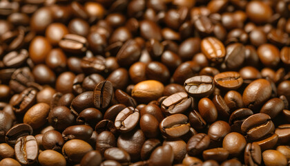 Obraz premium A close-up of a cup of coffee with steam rising from it, surrounded by coffee beans