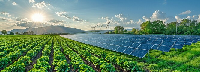 solar power plants, wind turbines, and green farms. - obrazy, fototapety, plakaty