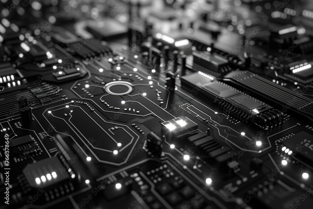 Poster a close up of a black electronic circuit board with many small lights on it. concept of complexity a