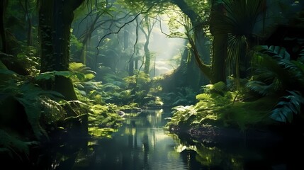 A hidden forest pond surrounded by lush ferns and towering trees, reflecting the beauty of the...