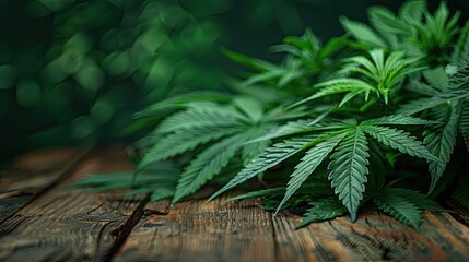 Sativa Leaves on Wooden Table: Medical and Legal Marijuana - obrazy, fototapety, plakaty
