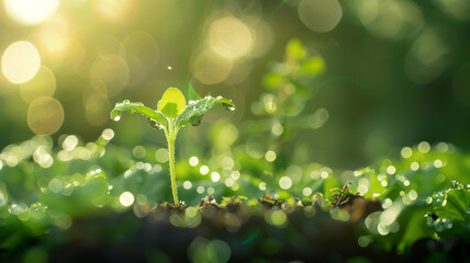 Young plant sprouting with dew drops. - obrazy, fototapety, plakaty