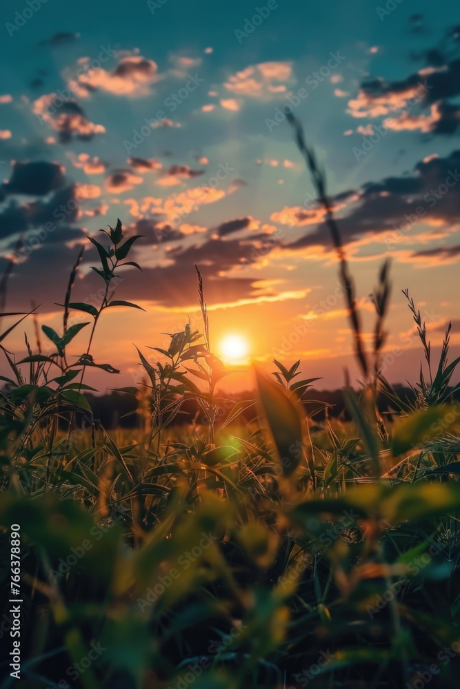 Aufkleber a field of grass with a sun setting in the background. the sun is setting behind the grass and the s