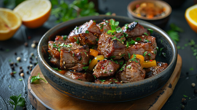Succulent glazed beef cubes garnished with sesame seeds and fresh herbs in a ceramic bowl, served on a wooden board, culinary concept