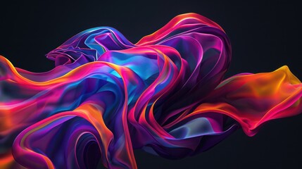 Fototapeta premium A colorful abstract shape against a black background, resembling photorealistic details of flowing fabrics, in an abstract minimalist style