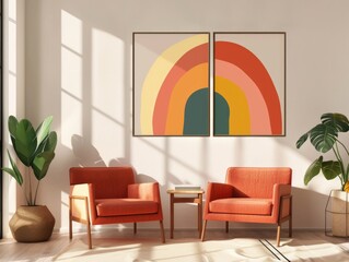 A room with two orange chairs and a table. The chairs are facing each other and the table is in between them. The room has a bright and cheerful atmosphere, with a large rainbow painting on the wall