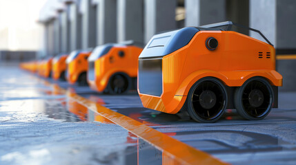 A row of orange robots are lined up on a wet road. The robots are small and appear to be designed for a specific purpose. The scene gives off a futuristic and technological vibe