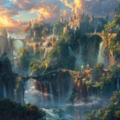 Enchanting Realm of Fantasy:A Majestic 3D Illustrated Landscape Inviting - obrazy, fototapety, plakaty