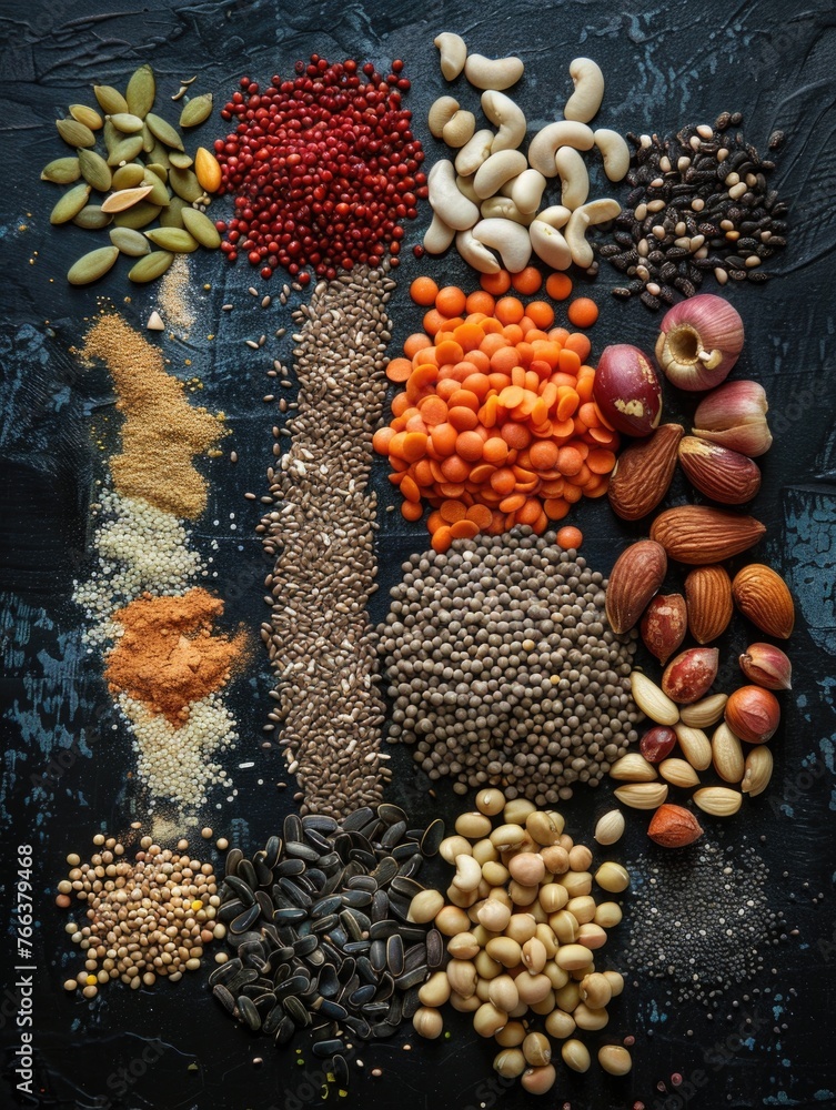 Poster a variety of nuts and seeds are spread out on a black surface. concept of abundance and variety, as 