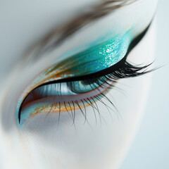 close up of eye, eyeliner , turquoise eyeshadow,