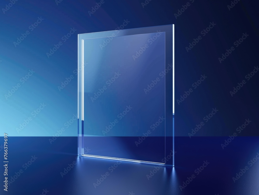 Aufkleber a clear glass object is on a blue surface. the object is rectangular and has a shiny surface