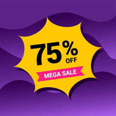 75% sale badge vector illustration on a purple gradient background. Seventy five percent price tag. Yellow and purple.