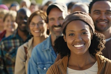 A group of people are smiling and standing in a line. The woman in the center is smiling and wearing a hat